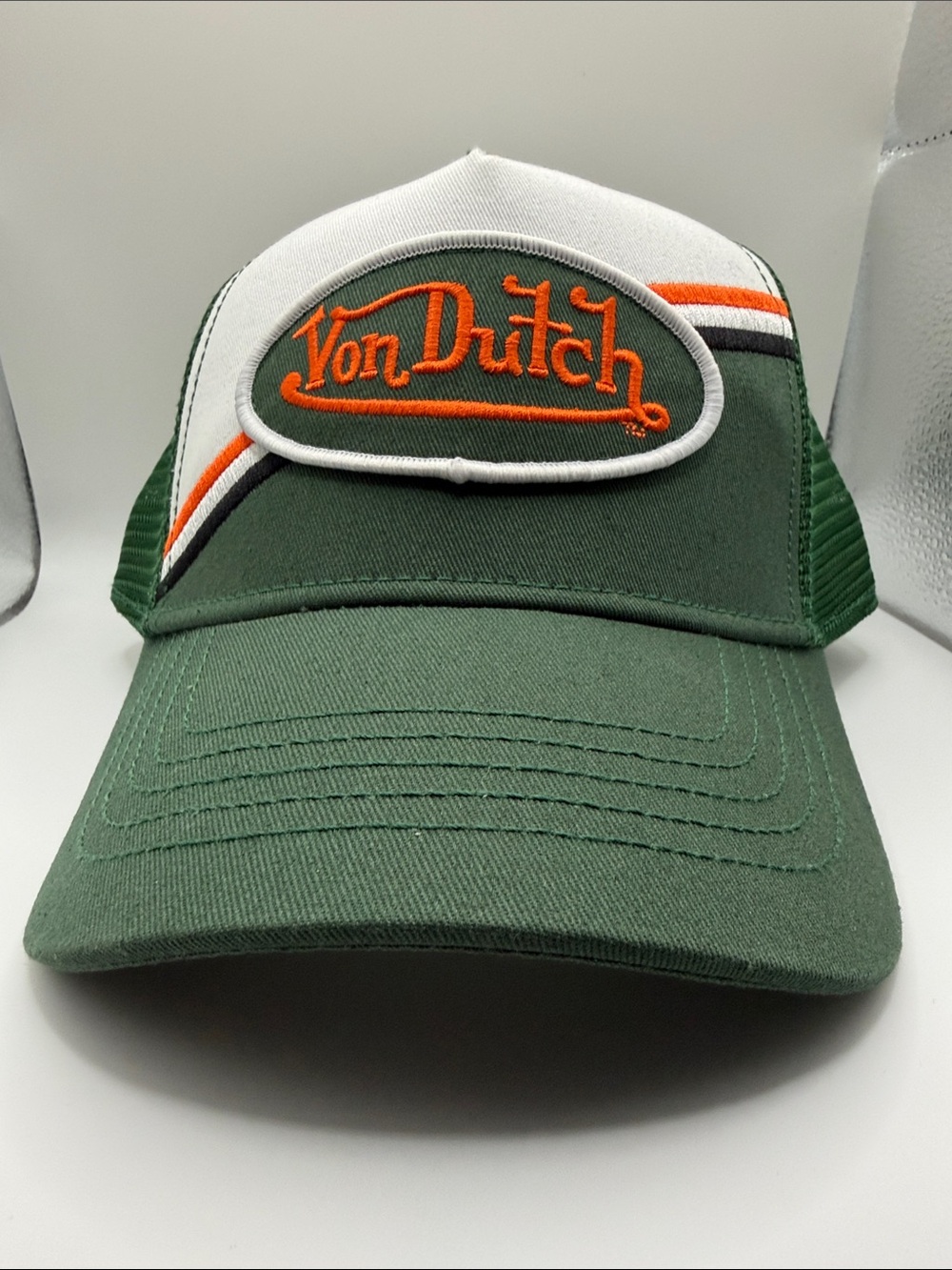 Von Dutch Green & White Trucker Hat with Orange Logo Patch